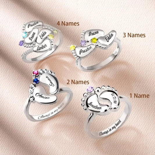 Personalized Feet Ring with Baby Names & Birthstones
