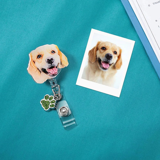 Personalised Pet Portrait Badge Reel with Glitter Paw Print Charm Unique Gift for Veterinary Nurses and Pet Lovers