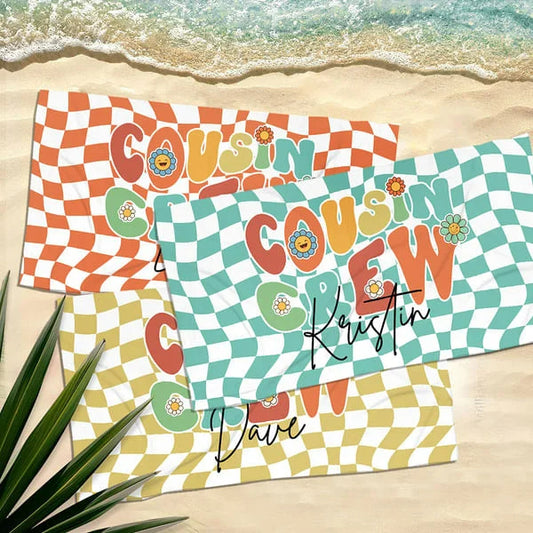 Personalized Cousin Crew Plaid Design Oversized Quick Dry Beach Towel with Name Birthday Summer Vacation Accessory Gift for Kids