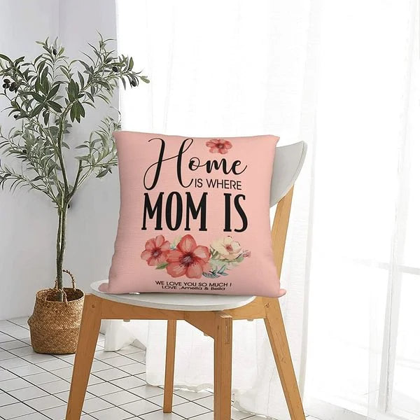 Personalised Throw Pillow Cover with Name and Text  "Home Is Where Mom Is" Birth Flower Design Mother's Day Birthday Gift for Women