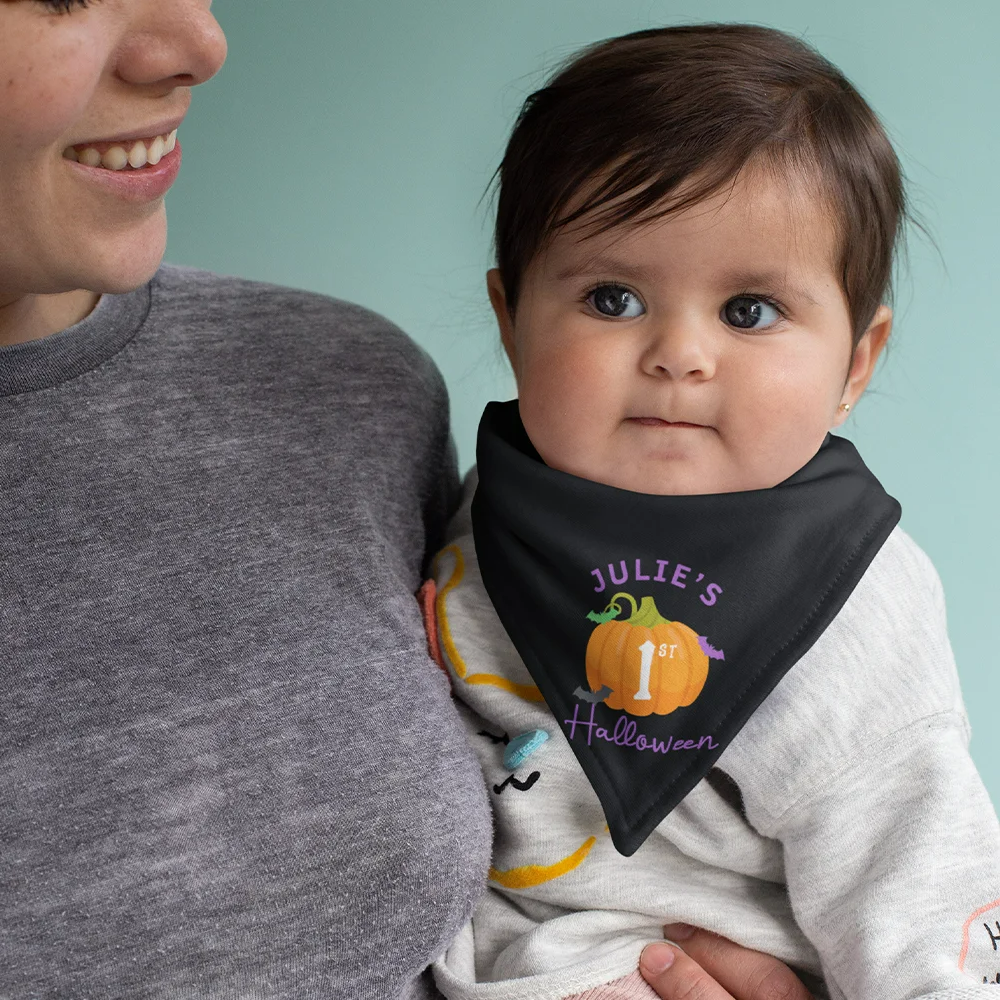 Personalized Bat Pumpkin Baby Bandana Bib 100% Cotton, Adjustable with Name for Halloween Baby Shower Gift for Boys and Girls
