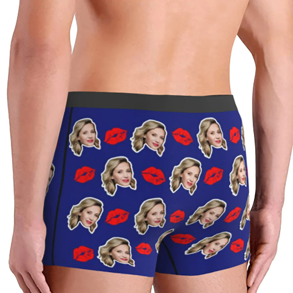 Personalised Men's Boxer Briefs with Funny Face and Red Lips Unique Valentine's Day or Anniversary Gift for Him