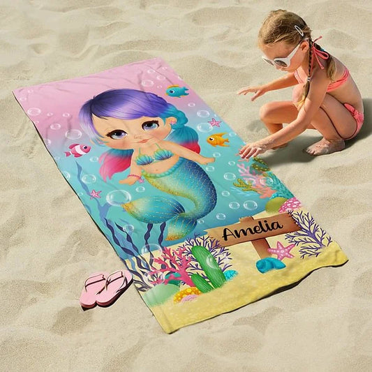 Personalized Quick Dry Pretty Mermaid Super Absorbent Soft Beach Towel with Name Travel Essentials Birthday Gift for Girl
