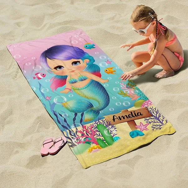 Personalized Quick Dry Pretty Mermaid Super Absorbent Soft Beach Towel with Name Travel Essentials Birthday Gift for Girl