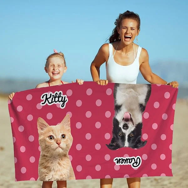 Custom Pet Photo Beach Towel – Personalized Name, Super Absorbent & Quick-Dry, Fun Polka Dot Design – Perfect for Pool, Vacation & Birthday Gift for Pet Lovers