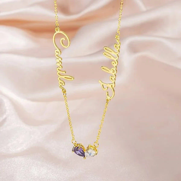 Personalised Dainty Double Heart-Shaped Birthstone Necklace with Names Birthday Anniversary Valentine's Day Gift for Women Sisters